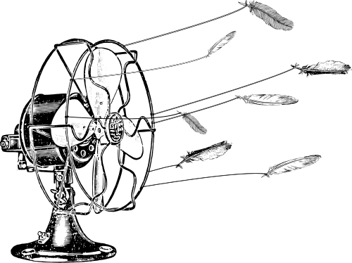 Illustration - gravure d'un vieux ventilateur sur lequel sont attachés des plumes par des ficelles. Le ventilateur est allumé et les plumes volent.